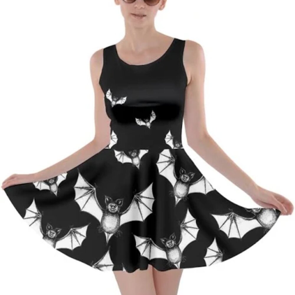 Black Bat-Print Fit & Flare Mini Dress